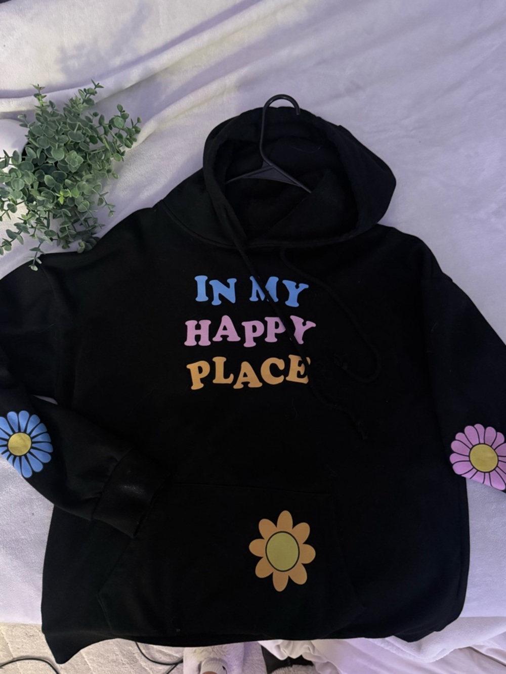 Black 'In My Happy Place' Graphic Hoodie with Colorful Flowers